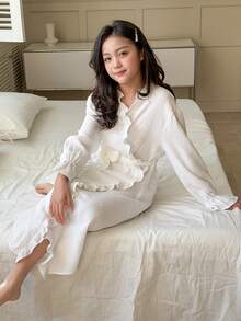 DAZY Tween Girls' Comfortable Casual Ruffle Textured Robe, Autumn - Beige - View 1