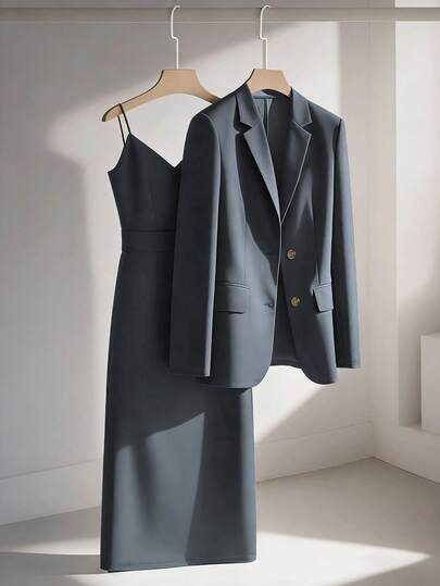 Franclia 休闲卡其色西装外套搭配吊带收腰直筒连衣裙，女士两件套套装，适合春秋季节，商务/休闲场合均可穿着。