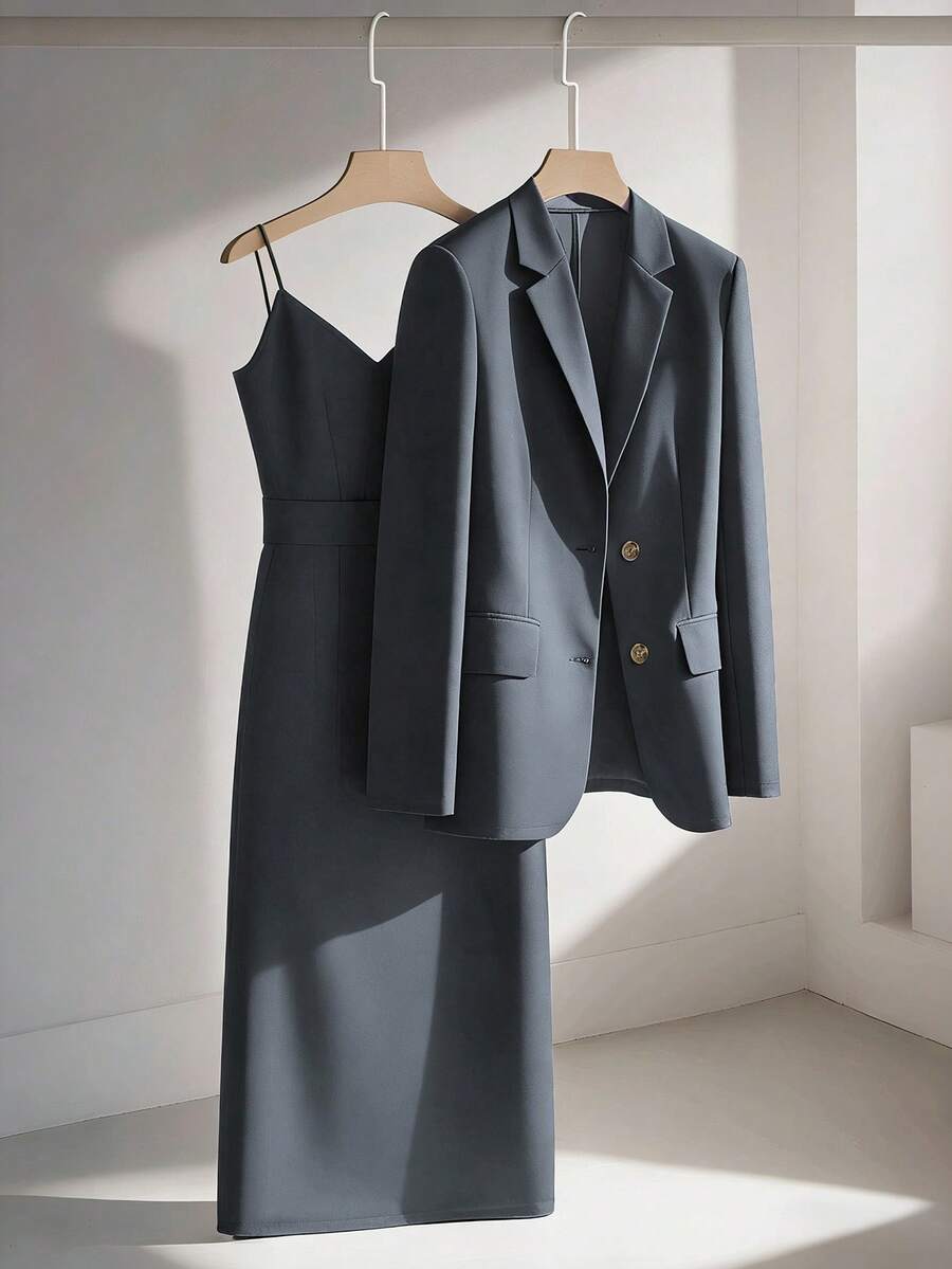 Franclia 休闲卡其色西装外套搭配吊带收腰直筒连衣裙，女士两件套套装，适合春秋季节，商务/休闲场合均可穿着。 - 灰色 - 查看 1