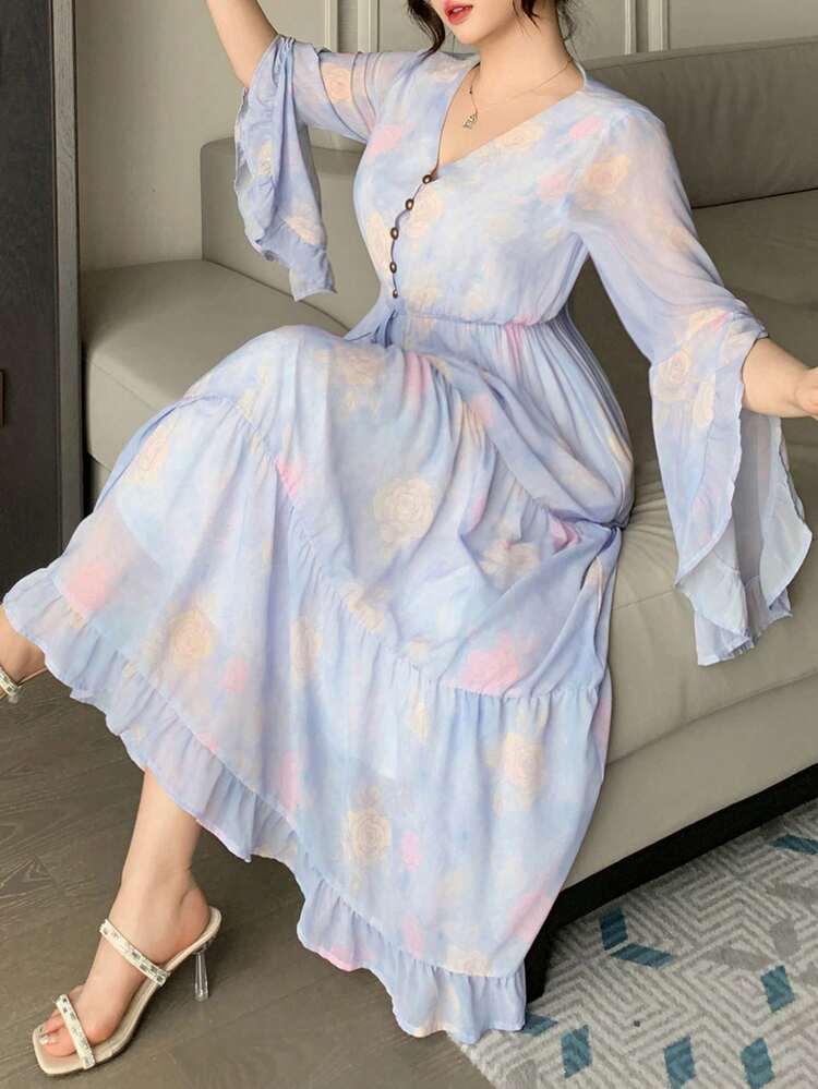 Dazy Plus Plus Size Floral V-Neck Button Decor Lantern Sleeve Chiffon Elegant Waist Cinched Vacation Style Maxi Dress, Spring/Summer Sundress