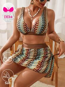 Swim DD+ 3pcs Women's Plus Size DD+ Bust Enhancing Ruffle Rainbow Striped Fabric Bikini Set With Tie Side Skirt, Fashionable For Party And Vacation - Multicolor - View 3