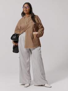 MUSERA Áo sơ mi vai rớt màu trơn, thích hợp cho mùa xuân hè. - Màu be - Xem 3