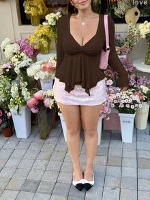 GalTyme 巧克力棕色加大码女式不对称荷叶边长袖时尚T恤 - 巧克力棕 - 查看 3