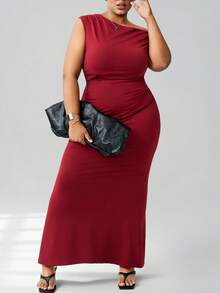 CurvyTilda Plus Size Women Solid Color High Stretch Asymmetrical Neck Mermaid Hem Valentine's Day Dress, For Hourglass Body Shape - Burgundy - View 7