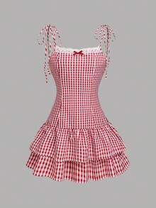 GlowEve 畅销款红白格纹吊带蝴蝶结蕾丝边腰部荷叶边下摆休闲迷你连衣裙，女士 - 紅色 - 查看 5