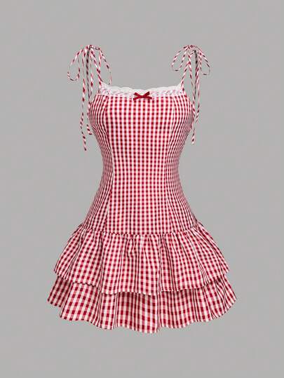 GlowEve Bestselling Red & White Plaid Strap Tie Bow Lace Trim Waist Ruffle Hem Casual Mini Dress For Women