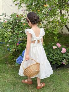 LMoss Kids 女孩度假风连衣裙，优雅可爱，舒适轻盈，蝴蝶结装饰长裙，春夏送礼佳选 - 白色 - 查看 2