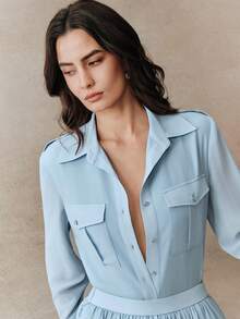 Anewsta 新款优雅时尚休闲衬衫和不对称设计半身裙两件套女装 - 淺藍色 - 查看 2