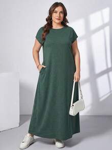 SHEIN Essnce 大码女装春夏时尚休闲弹力舒适日常百搭显瘦绿色短袖长连衣裙，带口袋，简约风格，夏季穿搭 - 綠色 - 查看 6
