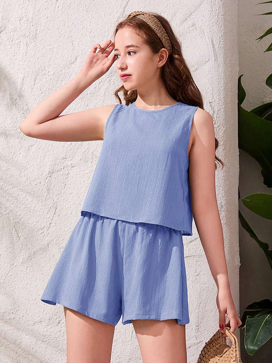 SHEIN 少女休闲无袖纯色纹理面料套装,春夏款 - 淺藍色 - 查看 1