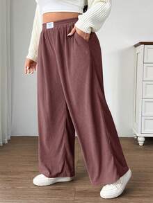 SHEIN EZwear 珊瑚粉色加大码女式灯芯绒高腰阔腿裤，带口袋和贴布设计，适合校园、日常穿着和室内工作，秋冬季款 - 珊瑚粉 - 查看 4