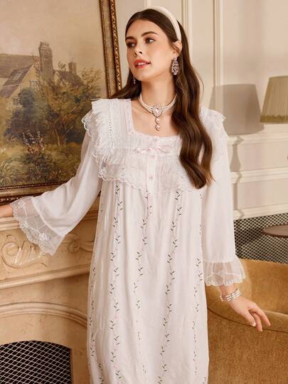 PalaceNights 宫廷风前片刺绣蕾丝流苏边开襟纽扣宽松长款女士睡裙