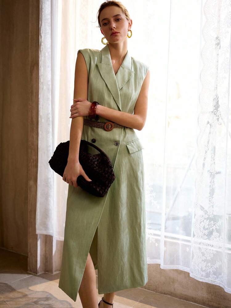 LINEN SLEEVELESS MIDI DRESS WITH WOVEN BELT, VINTAGE STYLE, SPRING/SUMMER