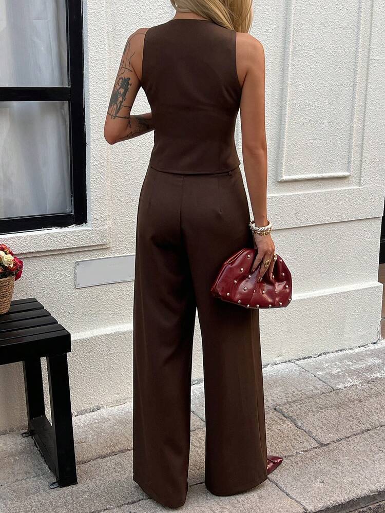 Women's Elegant Brown Collar Sleeveless Top And Pants 2 Pieces Set, Suitable For Formal Occasions, Parties And Casual Wear