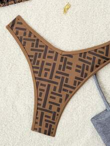 Swim Vcay 2pcs Printed Halter Tankini Swimsuit, Leopard Pattern Sexy Top And Side Tie Bottoms Monogram Bikini Brown Bathing Suit Women Brown Two Piece Set Women Criss Cross Bikini Brown Bikini Set - Brown - View 6