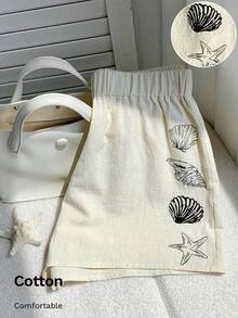 Comfortcana Quần short lưng thun in họa tiết vỏ sò thoải mái cho nữ - trắng - Xem 1