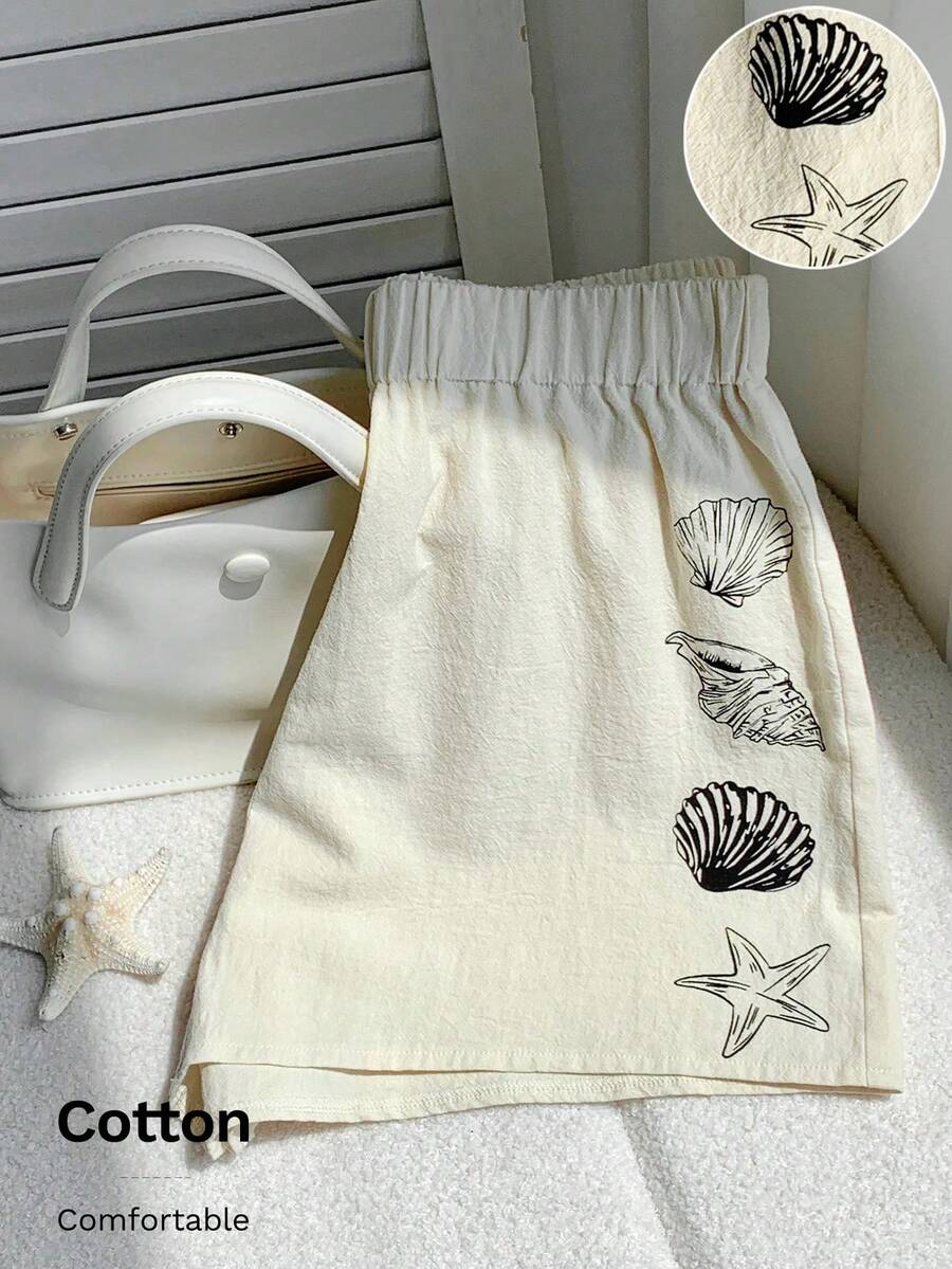 Comfortcana Quần short lưng thun in họa tiết vỏ sò thoải mái cho nữ - trắng - Xem 1