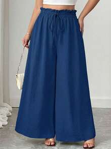 Quần ống rộng dáng suông màu trơn, cỡ lớn, có dây rút ở eo, kiểu dáng thường ngày. - Xanh đậm - Xem 5