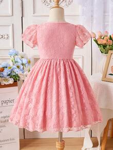 Đầm chữ A viền ren ngọt ngào tay bồng cho bé gái, màu vàng, thích hợp cho các buổi họp mặt gia đình và hoạt động ngoài trời, mùa xuân/hè. - Màu Hồng baby - Xem 2