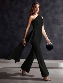 MOTF Soiréza ONE SHOULDER ELEGANT BOW TIE FLARE JUMPSUIT, SUITABLE FOR BANQUET, WEDDING, PARTY - Black - View 5