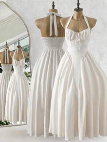 Franclia 新款夏季女士吊带荷叶边蝴蝶结摆裙，露背设计，吊带长款连衣裙，A字裙，浅蜜桃色派对礼服，新年晚会礼服，化装舞会礼服，生日礼服，性感浅蜜桃色长款连衣裙，蝴蝶结连衣裙，新年公主风连衣裙，度假礼服，婚纱 - 杏色 - 查看 3