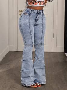 BamGleam Women's High Waist Cutout Ruched Flare Leg Casual Jeans - Light Wash - View 7