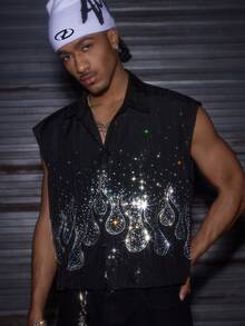 AXEPEAK Men's Rhinestone Embellished Single-Breasted Casual Shirt - Black - View 1