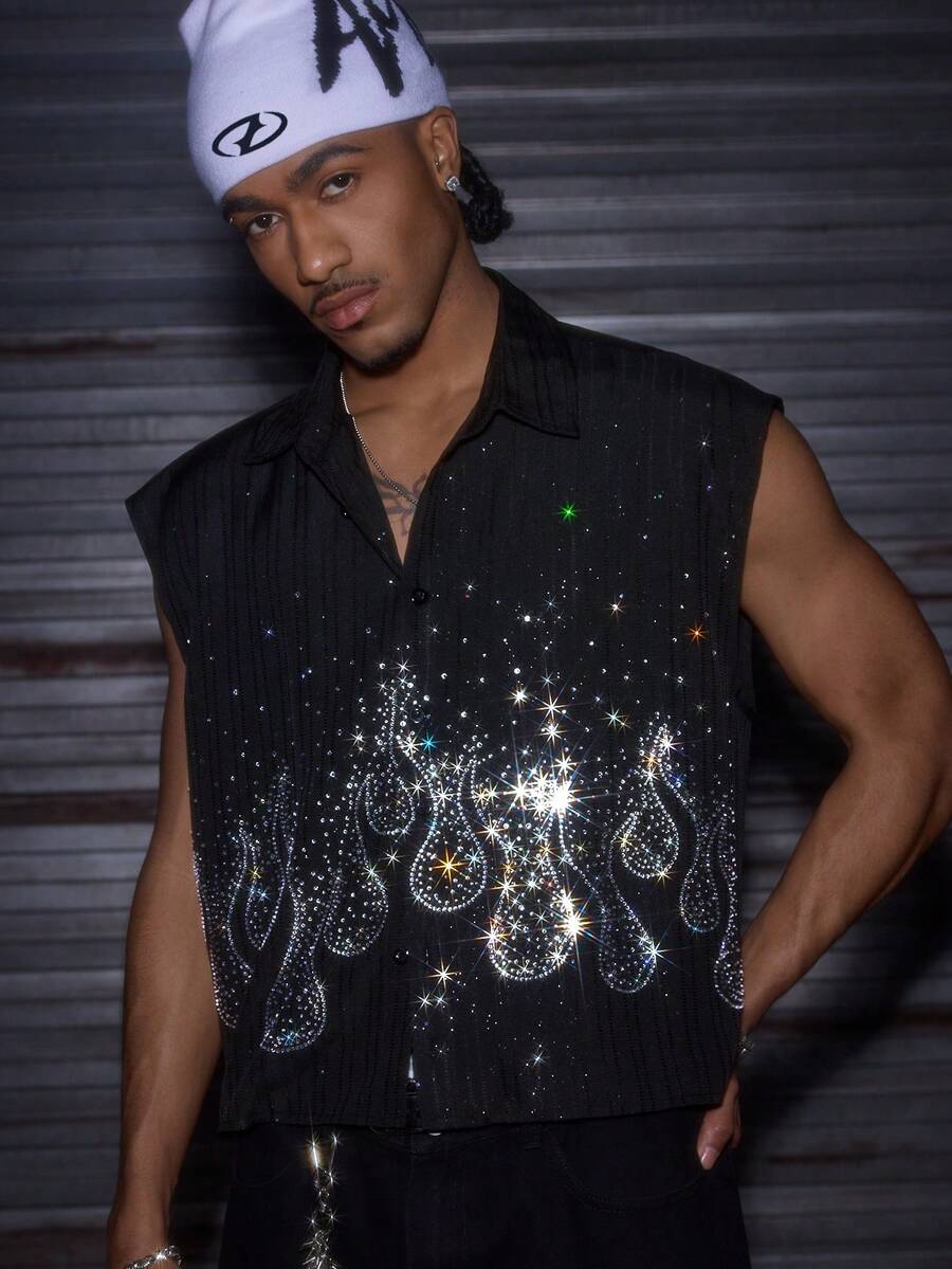 AXEPEAK Men's Rhinestone Embellished Single-Breasted Casual Shirt - Black - View 1