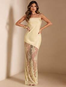 SHEIN BAE Đầm không tay màu vàng trơn bằng vải satin, phối ren xuyên thấu, dành cho mùa xuân/hè, đầm satin vàng, đầm phối ren, đầm thanh lịch. - Màu vàng - Xem 3