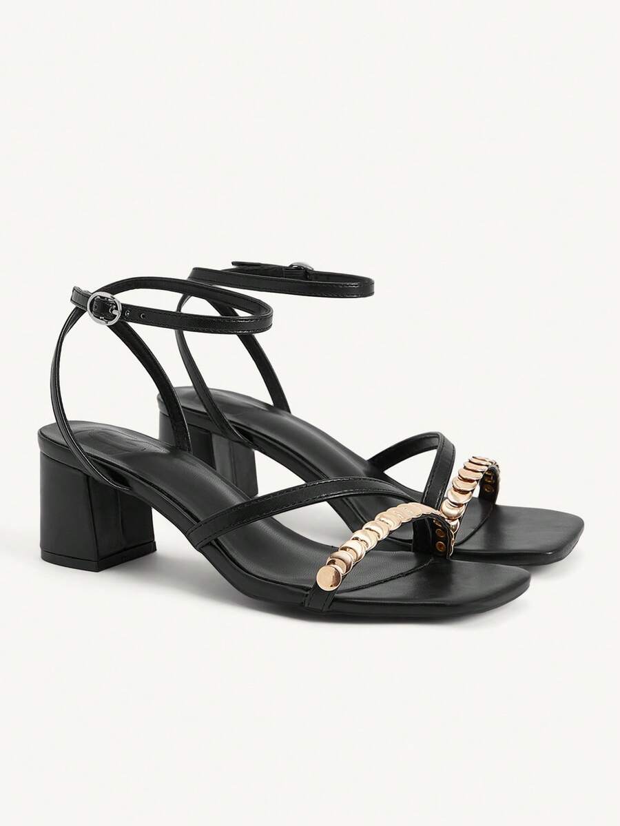 CUCCOO CHICEST Women's Black Square Toe Chunky Heel Sandals, Elegant Fashion Metallic Glitter Ankle Strap, Suitable For Valentine's Day Party And Elegant Outfit - Black - View 1