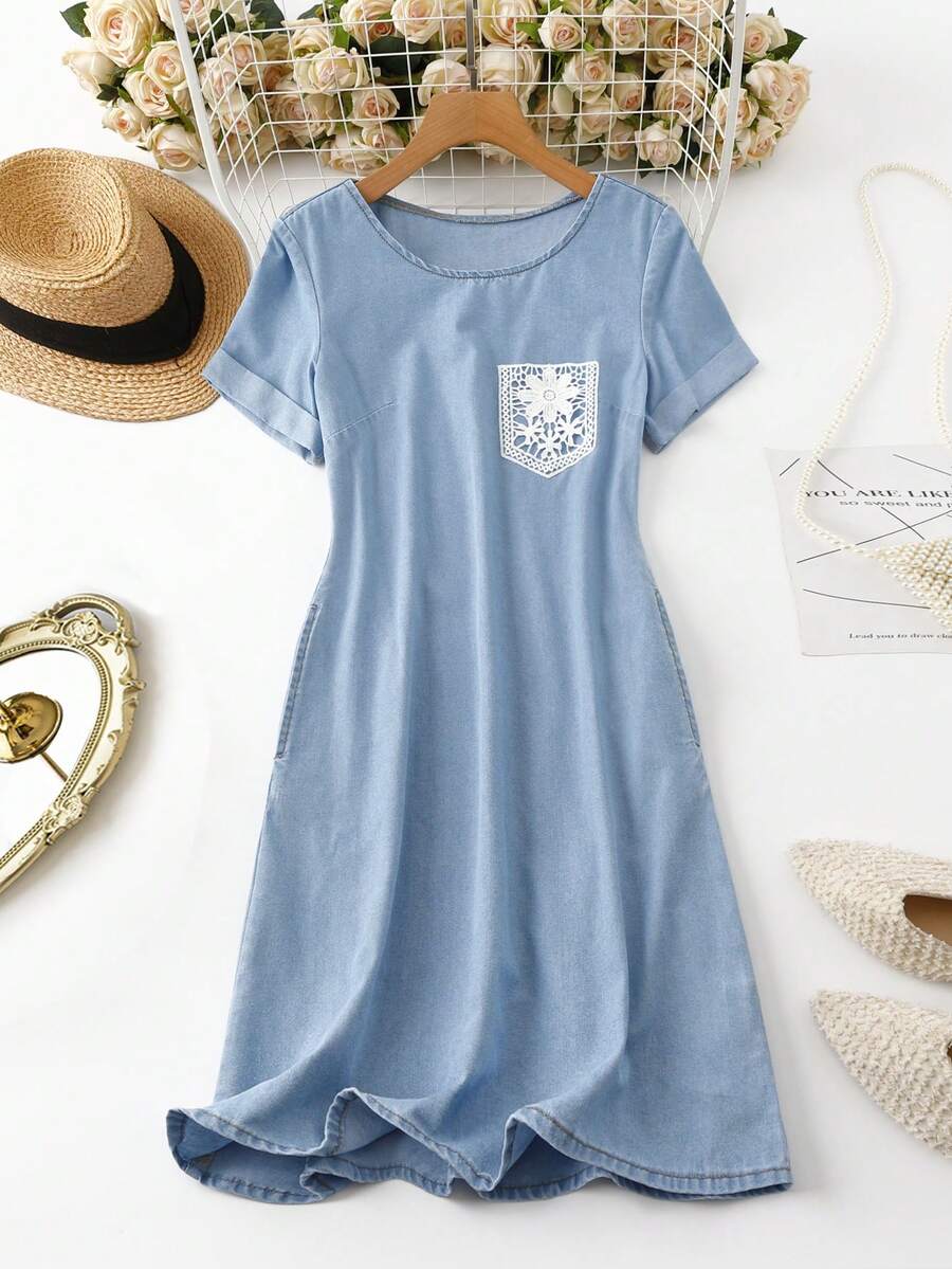 Rusticease Water-Soluble Lace Pocket Patchwork Denim Dress, Wash - Blue - View 1