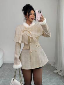SHEIN Elenzya 优雅杏色仿毛领A字长袖双排扣蝴蝶结口袋设计外套，适合商务会议、婚礼、晚宴、通勤、毕业派对、假期、约会和聚会等场合。 - 杏色 - 查看 5