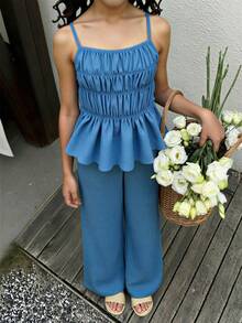 Girls Striped Bow Camisole Top And Straight Leg Pants Summer Vacation Outfit - Blue - View 2