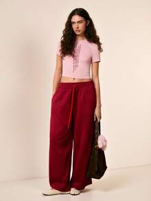 Easelle Quần ống rộng nữ màu trơn, có dây rút, kiểu dáng thoải mái và đa năng, phù hợp cho đi làm, viền đỏ tương phản, hoàn hảo cho trang phục thường ngày mùa xuân và mùa hè. Thích hợp cho ngày Valentine. - Đỏ - Xem 3