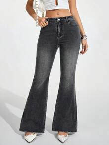 Jeanoix 女士口袋纽扣休闲百搭日常喇叭牛仔裤 - 淺灰色 - 查看 7