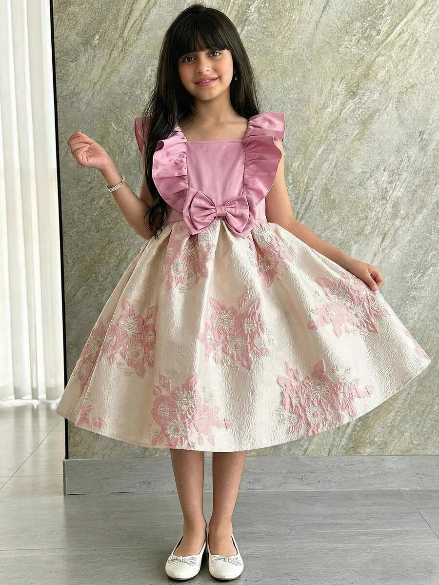 SHEIN Tween Girl Elegant Square Neck Ruffle Solid Color Patchwork Jacquard Fabric Dress Tween Girl - Pink - View 1
