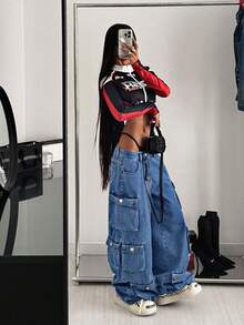 StreetHx 女士纯色宽松休闲时尚工装牛仔裤 - 藍色 - 查看 7