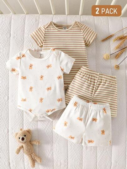 4件套新生儿服装：可爱小熊印花条纹短袖连体衣+短裤，弹力针织面料，适合派对、节日、外出、拍照等场合，可爱、柔软、宽松舒适。