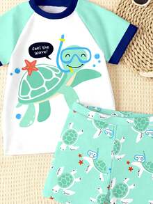 SHEIN Young Boy White Summer Beach Holiday Swimwear Set,Casual Loose Fit Round Neck Short Sleeve T-Shirt And Shorts,Classic Cute Diving Cartoon Turtle Print - Multicolor - View 4