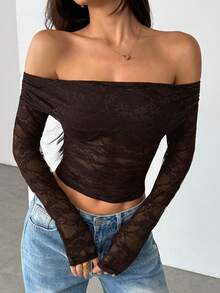 SHEIN PETITE Sexy See-Through Lace Splicing Off Shoulder Long Sleeve T-Shirt For Romantic Valentine's Day Date,Ladies Sexy Ruched,Sheer Regular Sleeve Off The Shoulder Slim Fit Coffee Brown Plain Women Tops,Spring/Fall,Casual Daily Wear - Brown - View 5