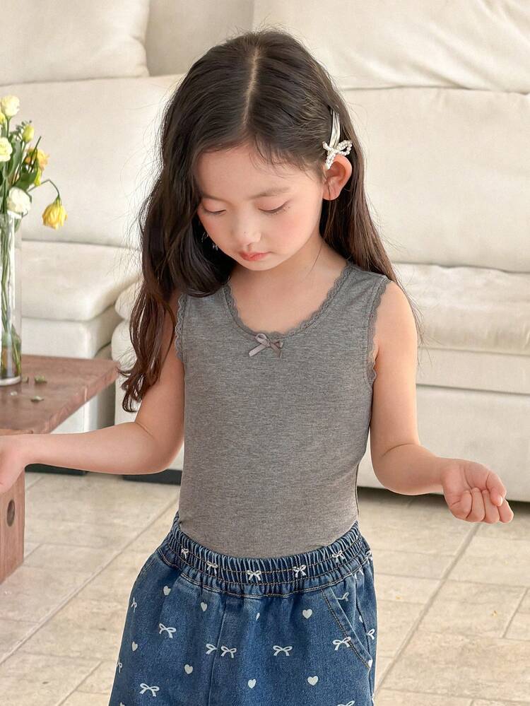 3pcs Young Girls Fitted Vest Set With Bow Decor, Young Girl Fall Clothes Summer