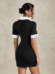 Briarwyn Vestido casual ajustado de manga corta con cuello de color contrastante para mujer - Blanco y Negro - Ver 2
