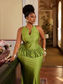 Maweii Plus Size Elegant V-Neck Sleeveless Ruffle Patchwork Bodycon Skirt 2-Piece Set - Green - View 1