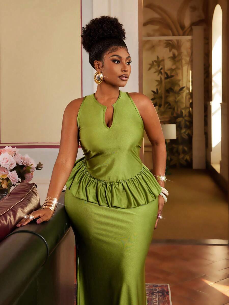 Maweii Plus Size Elegant V-Neck Sleeveless Ruffle Patchwork Bodycon Skirt 2-Piece Set - Green - View 1