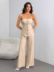 SHEIN Tall 女士优雅简约金属纽扣吊带背心和高腰阔腿卡其裤两件套，适合通勤、休闲、度假穿着。 - 卡其色 - 查看 3