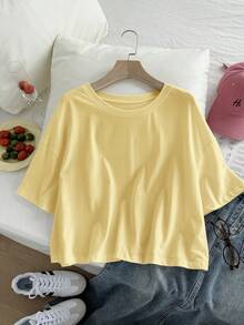 SHEIN EZwear Áo thun ngắn tay dáng rộng, màu trơn, vai rớt, màu vàng, cỡ lớn. - Màu vàng - Xem 7