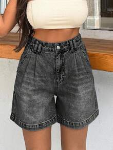 EURMUSE 100%Cotton HIGH WAIST PENS DETAILED STRAIGHT CUT SHORT - Light Grey - View 4