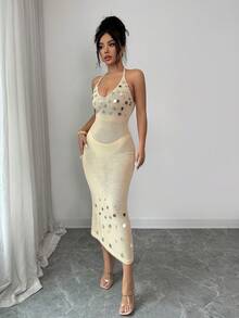 Islaluna Women's Summer Vacation Halter Backless Sequin Knit Sweater Dress - Apricot - View 5