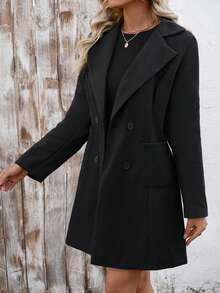 SHEIN Unity Women's Casual Solid Color Turndown Collar Double-Breasted Overcoat, Autumn/Winter Fall Cloth For Women - Black - View 1