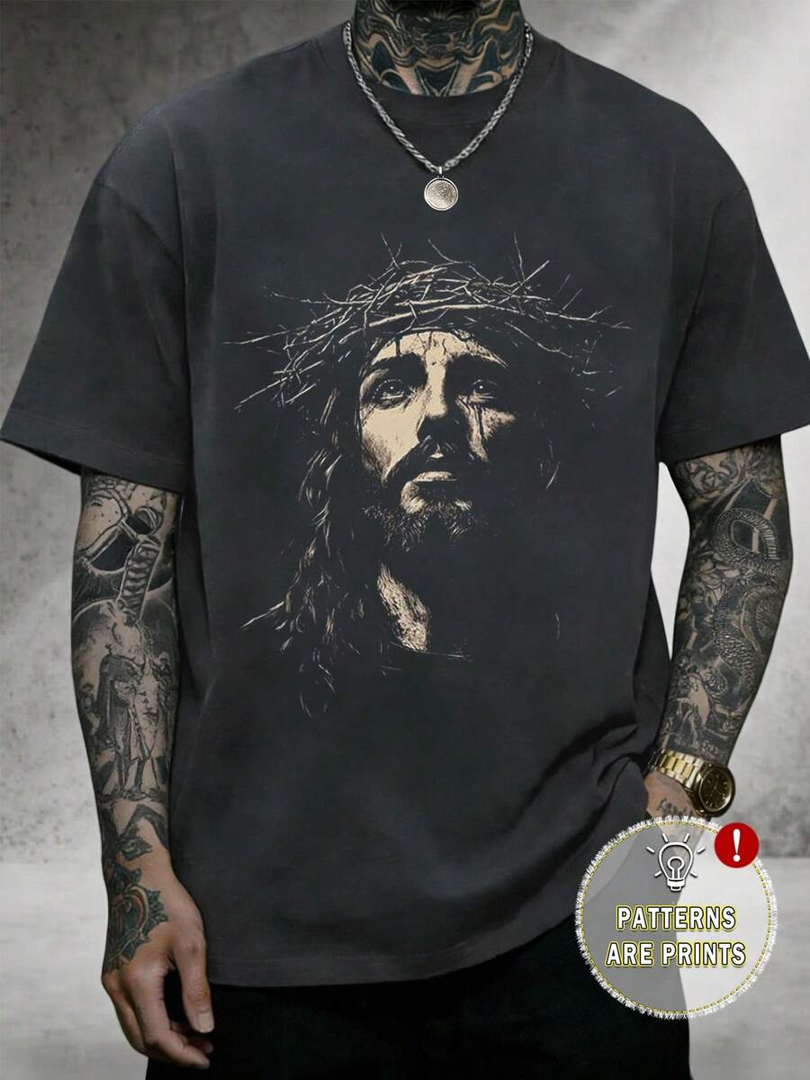 Manfinity Dauomo Tee-shirt ample et confortable pour homme grande taille avec portrait religieux de Jésus - Gris - Voir 1